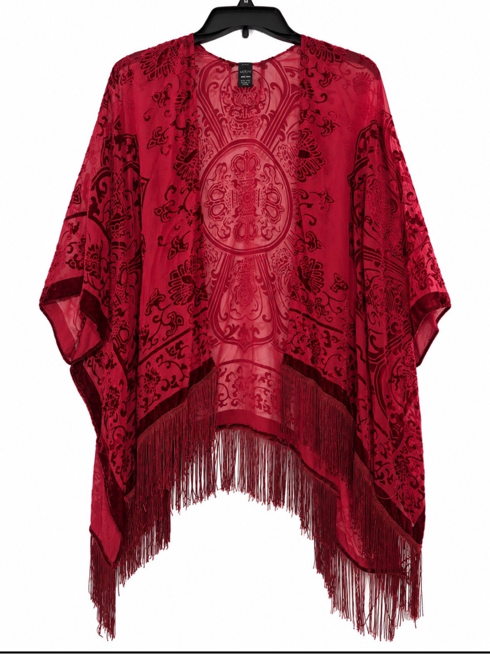 Burgundy Velvet Burnout Fringe Kimono One Size Boho
